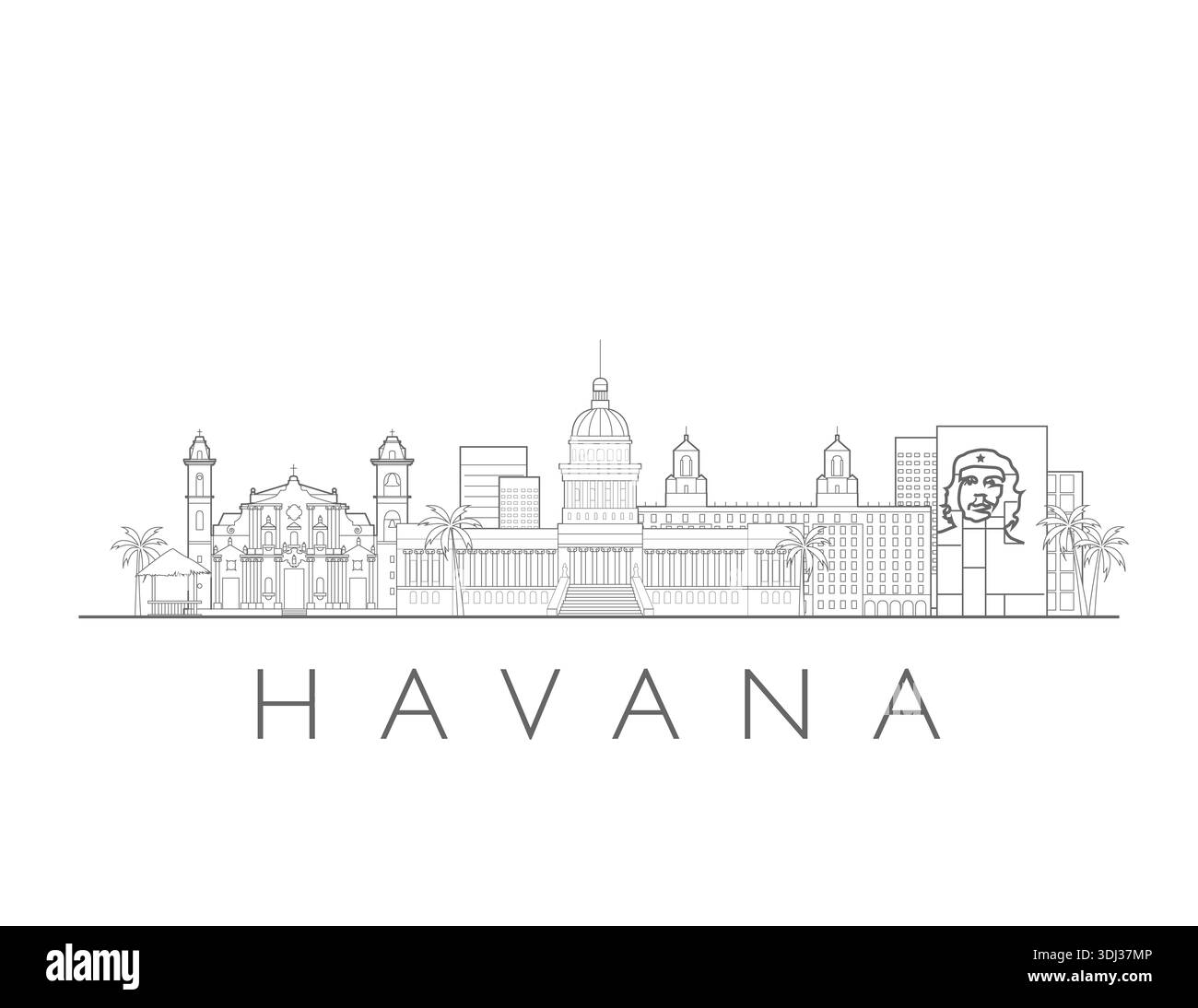 Skyline von Havanna, Kuba. Städtisches Stadtbild mit Wahrzeichen und Denkmälern. Handgezeichnete digitale Skyline-Illustration. Stockfoto
