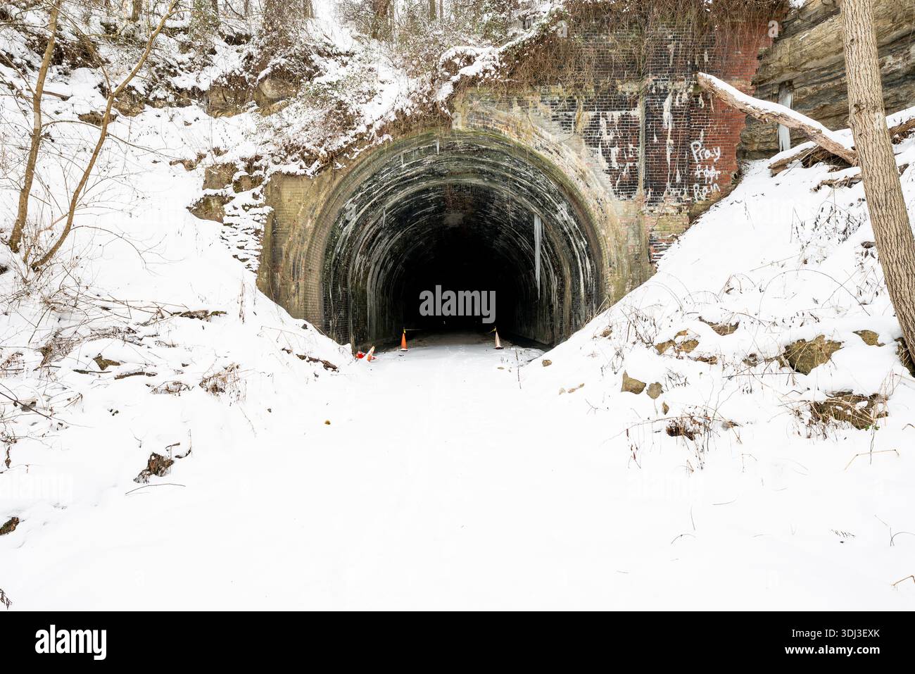 Dies ist eine Winteransicht eines verlassenen Eisenbahntunnels (früher Teil der Baltimore & Ohio Railroad) im Westen von Pennsylvania. Stockfoto