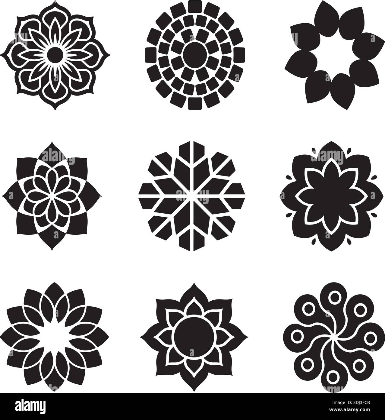 Silhouette Vektor Mandala Ornament Set Geometrisches Muster Dekorative Schwarze Formen Stock Vektor