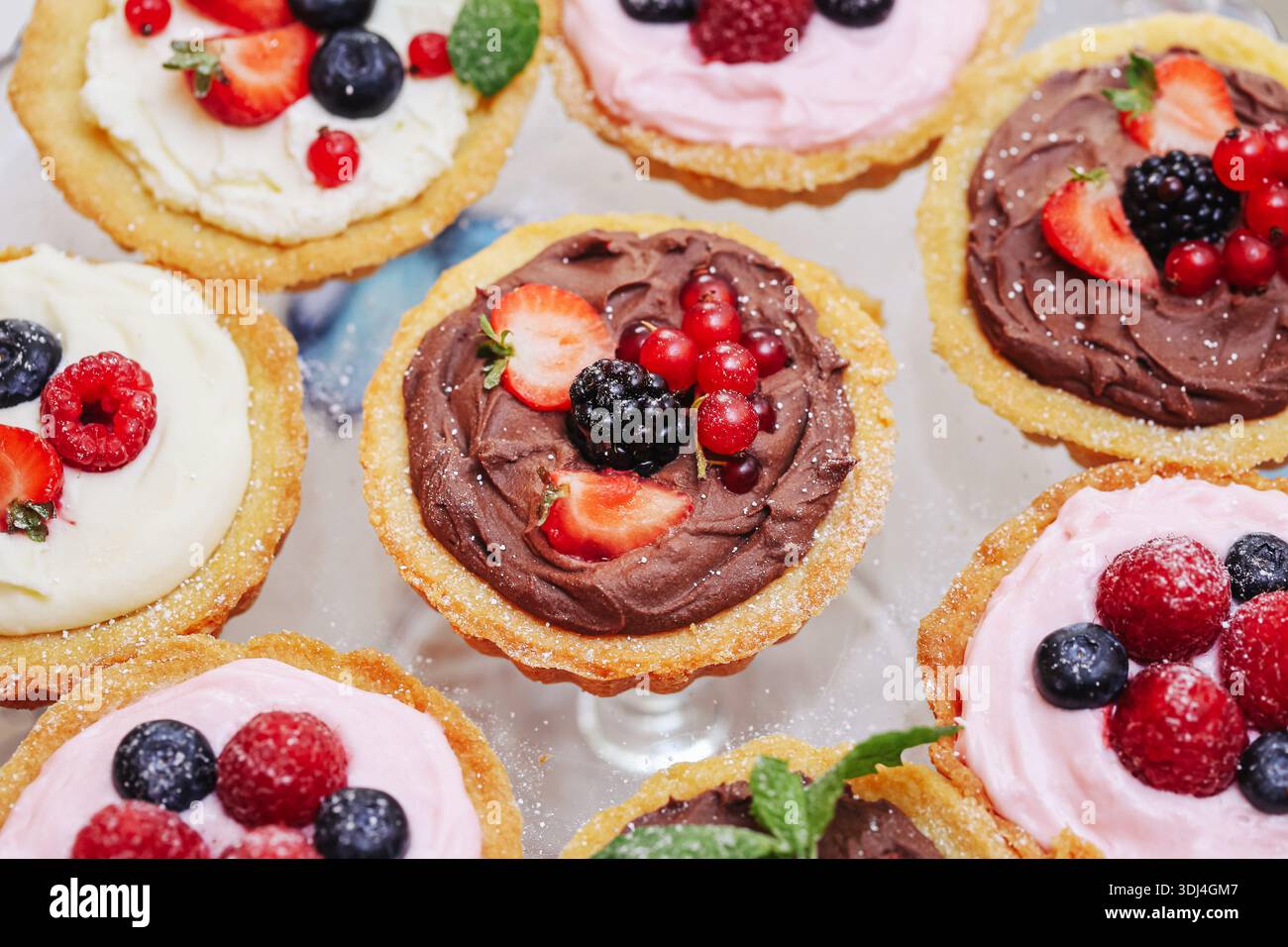 Verschiedene Mini-Törtchen, Draufsicht. Schokoladen- und Beerendessertgebäck. Süße Backwaren für Partytisch. Farbenfrohe Zuckerguss und Obst aus der Nähe. Stockfoto