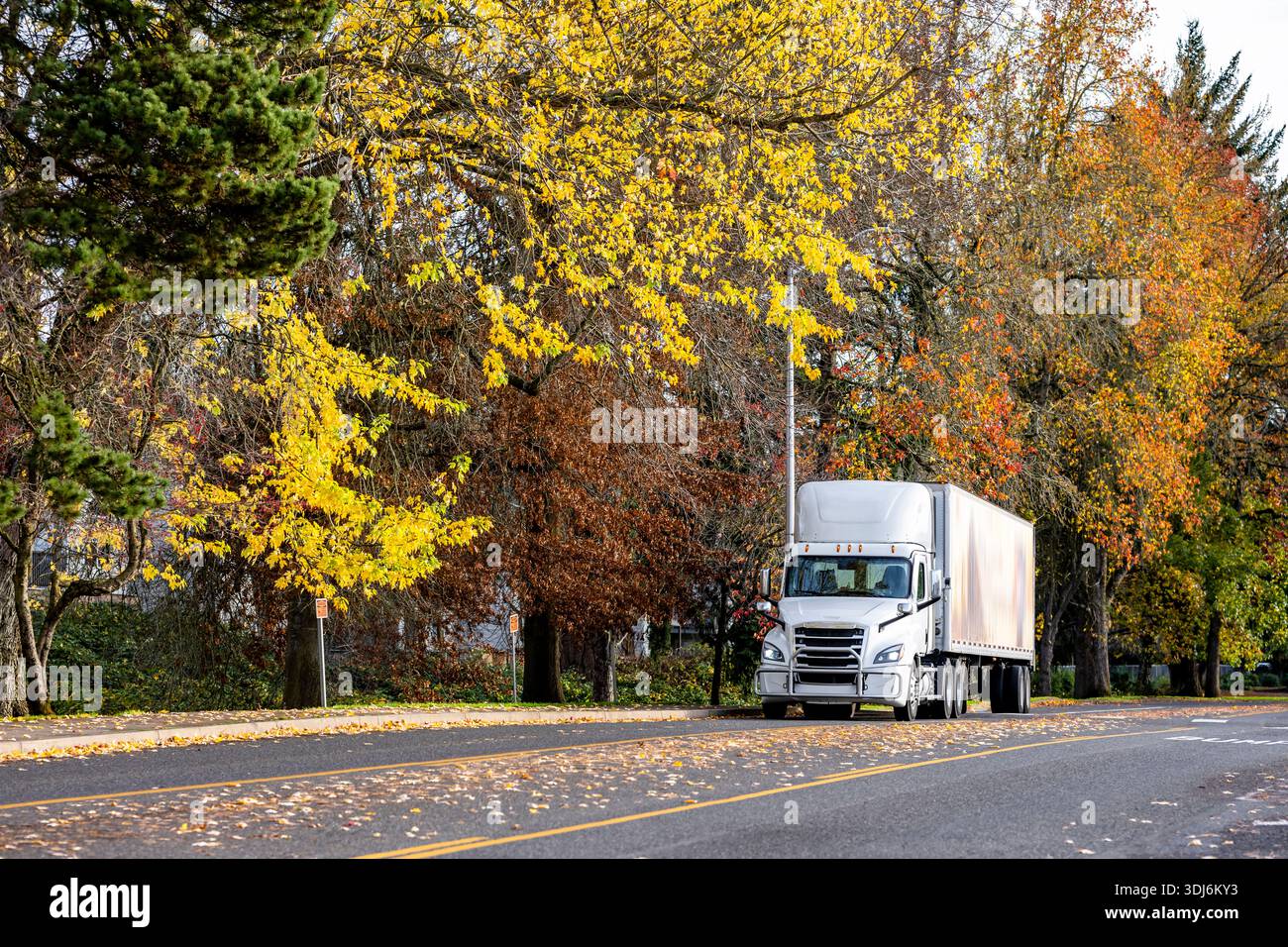Leistungsstarker Day Cab großer Lkw-Sattelzugmaschine in Industriequalität, weißer Sattelzugmaschine, der gewerbliche Güter in einem trockenen Lieferwagen mit Auflieger transportiert, der auf dem Herbst vor Ort fährt Stockfoto