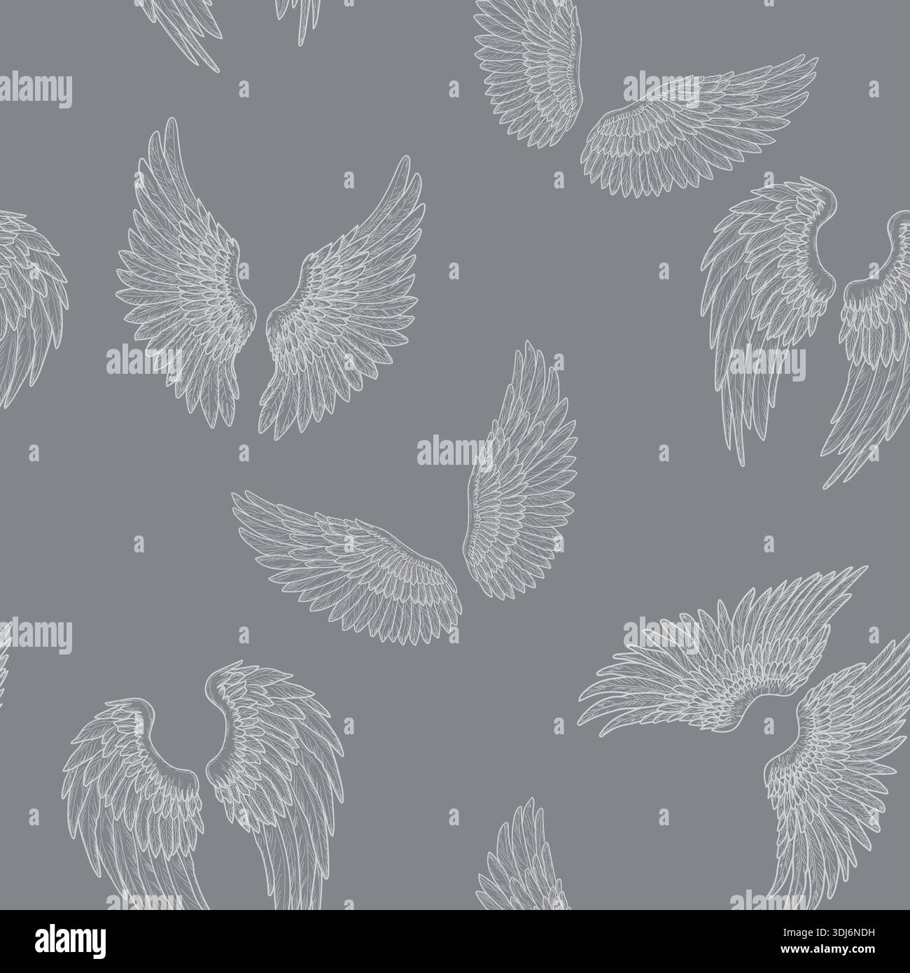 Vogelflügel, nahtloses Muster. Vektorabbildung. Falken- oder Adlerflügel isoliert auf grauem Hintergrund. Fantasy-Engel oder griffin-Flügel für Tattoos, T-sh Stock Vektor