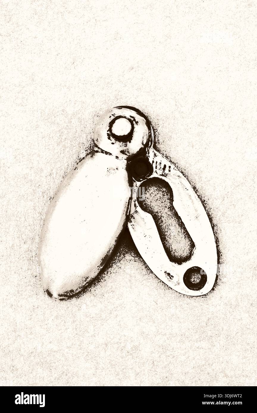 Grafische Sepia-Abbildung von antwique Messing Keyhole Protektor und Cover oder Rosetcheon Stockfoto