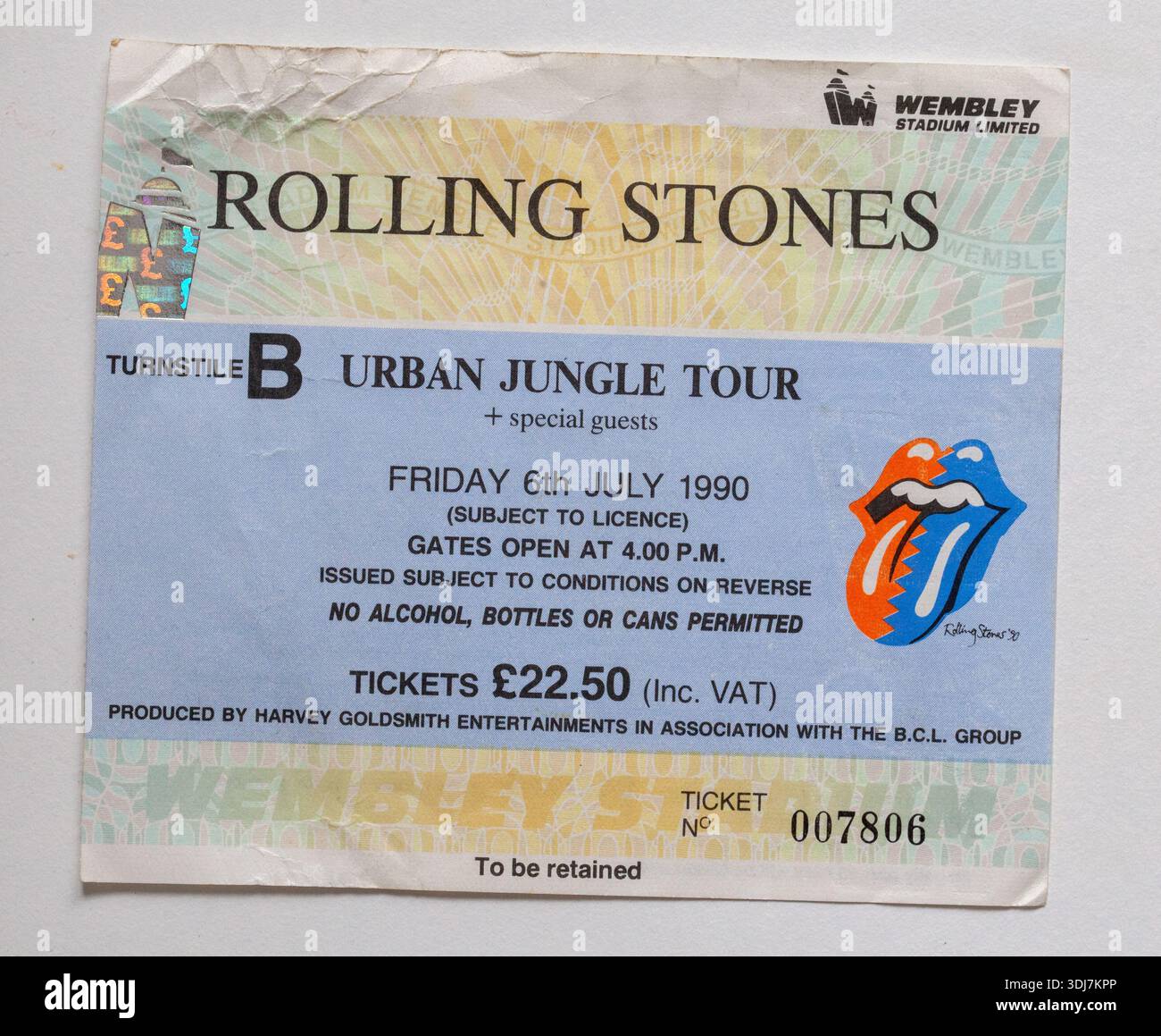Konzertkarte der 1990er Jahre für DIE ROLLING STONES Urban Jungle Tour im Wembley Stadium London 6. Juli 1990 Stockfoto