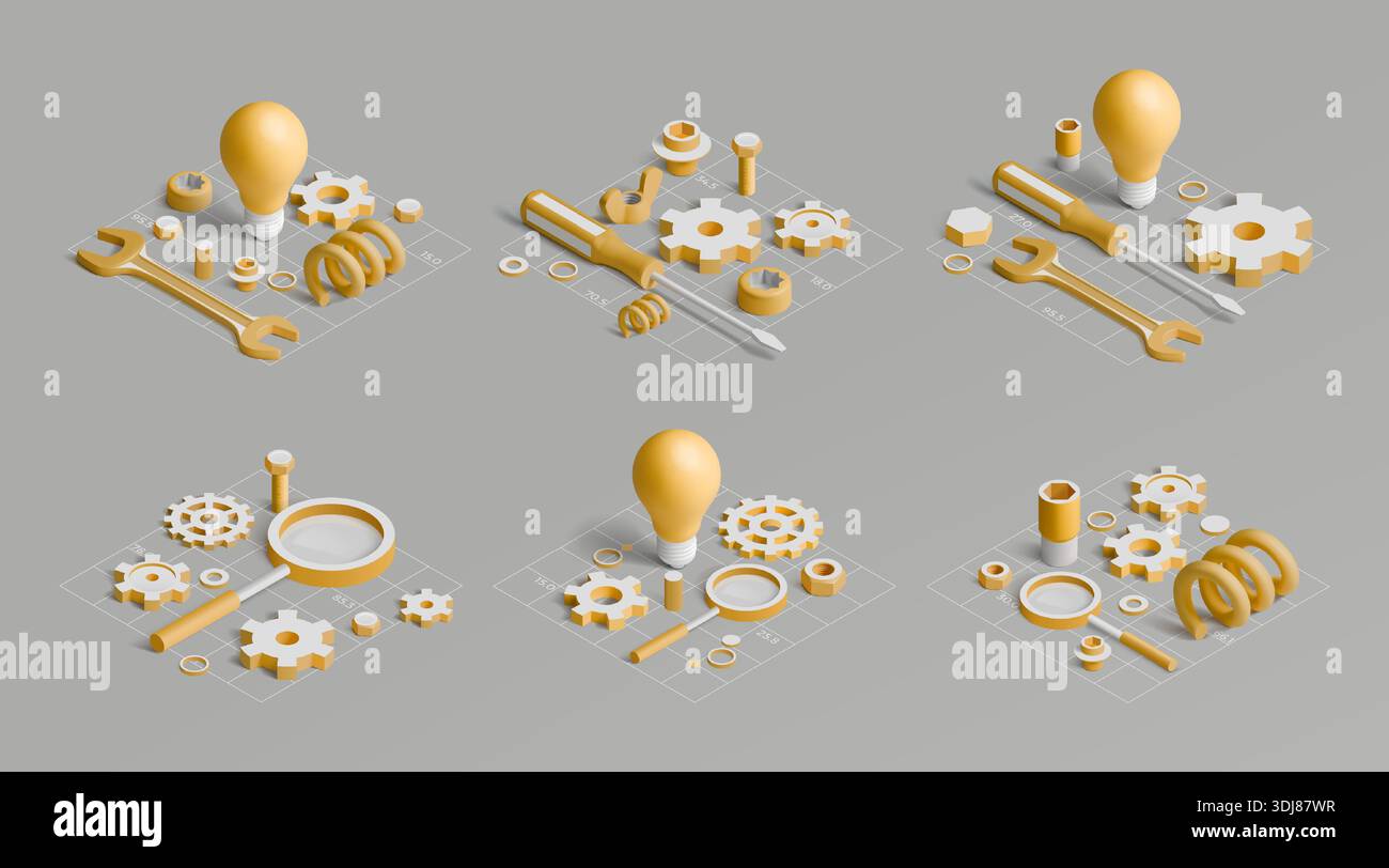 Isometrische Glühlampe. 3D-Kreativtechnologie. Idee der Innovationswissenschaft oder Zahnradausrüstung für die Maschinenbauindustrie. Reparaturwerkzeuge. Lupe für die Ideensuche. Lampe Glühlampe. Vektorkonzepte festgelegt Stock Vektor