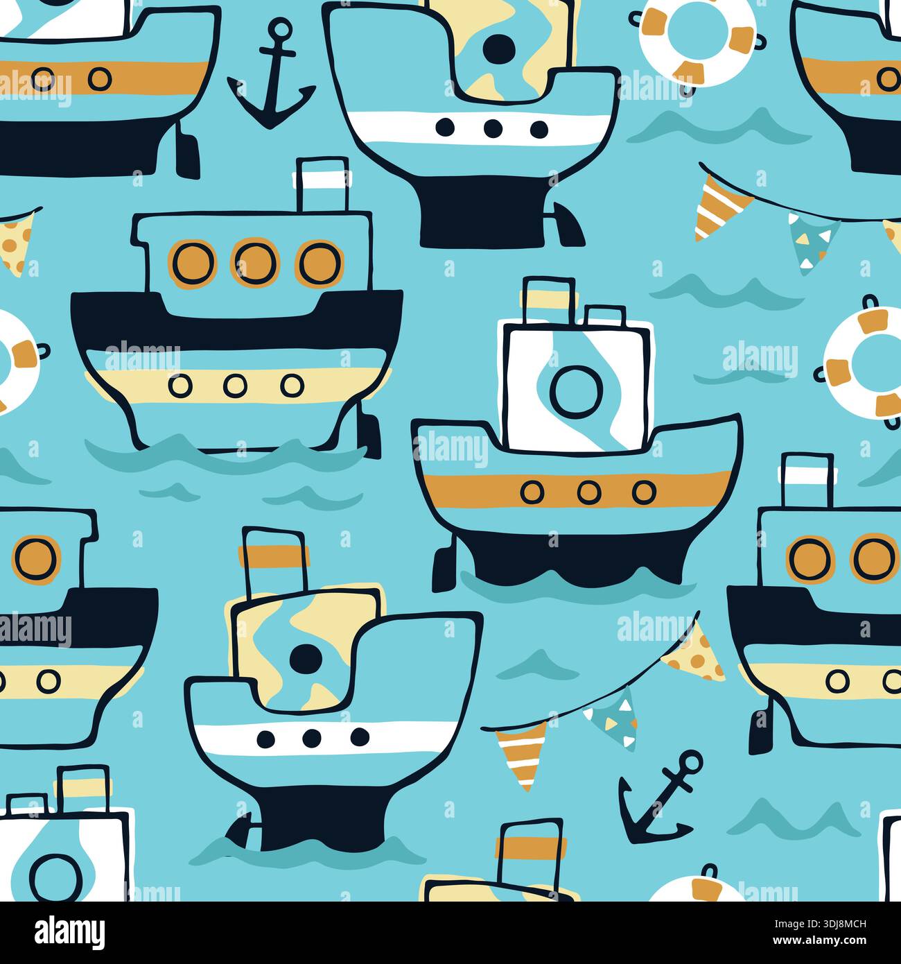 Niedliches nautisches nahtloses Muster mit Cartoon-Schiffen und Rettungsschirmen auf blauem Hintergrund. Stock Vektor