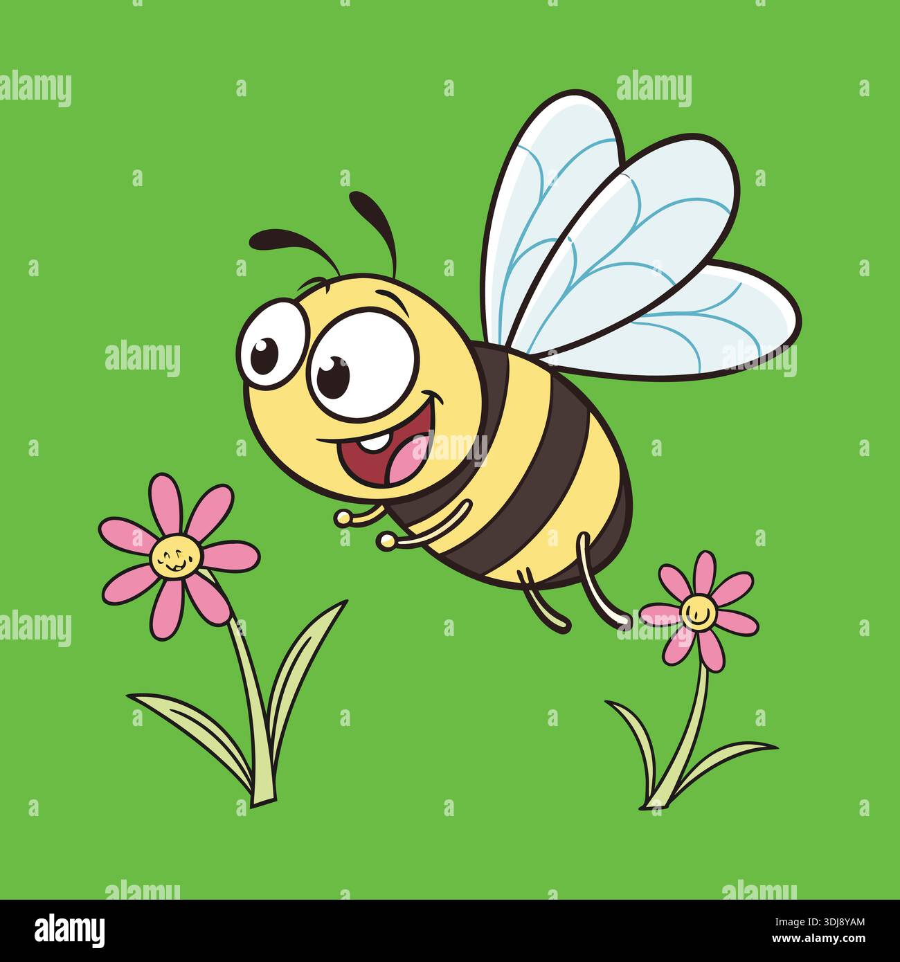 Niedliche Karikatur-Biene, Die In Der Nähe Von Blumen Fliegt Vektor-Illustration Stock Vektor
