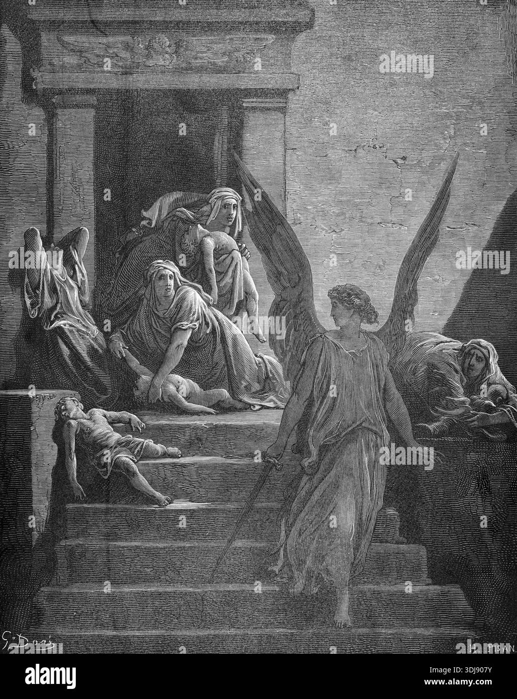 Die ägyptischen Plagen, Erwürgen der Erstgeborenen, Geschichte, Exodus, zweites Buch Moses, Kapitel 12, Vers 29, Bibel, Altes Testament, die zehnte Pest, Gott Stockfoto