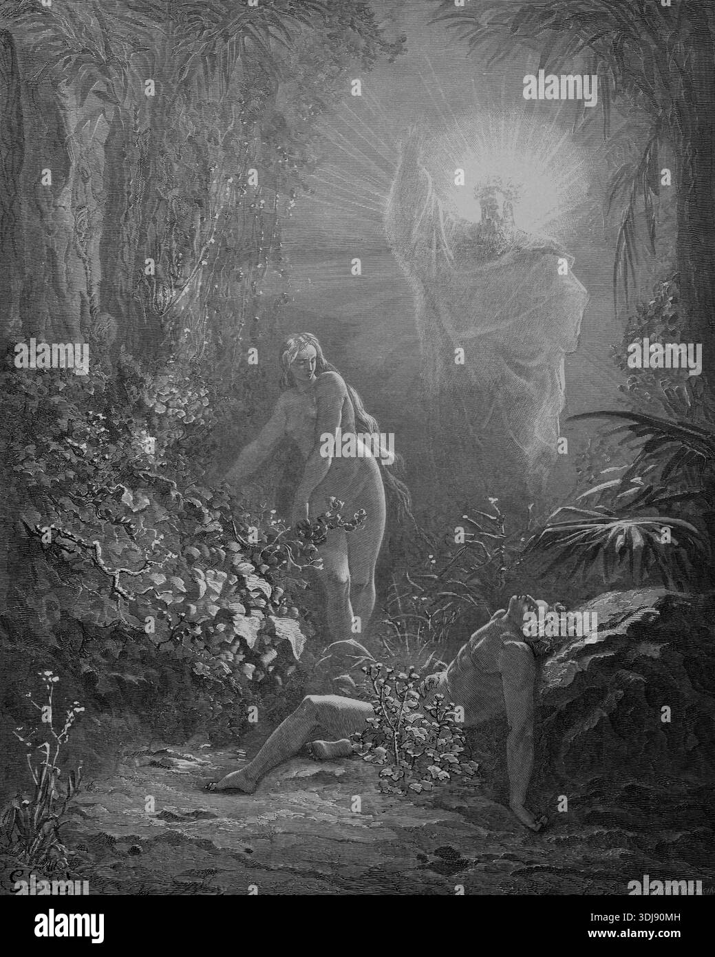 Erstes Buch Moses, Kapitel 2, Vers 21, Gott, Schöpfung Eva, Adam im Tiefschlaf, Rippen, Fleisch, Bibel, Altes Testament, Genesis, Geschichte der Schöpfung, Gesetz Stockfoto