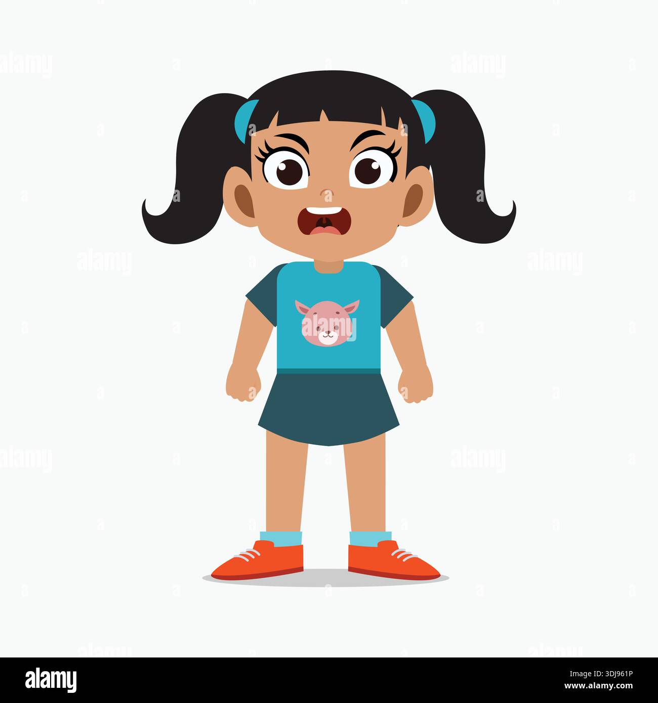Niedliches Karikaturmädchen mit Zöpfen, die wütenden Ausdruck zeigen, bunte Kinderfigur-Illustration isoliert auf hellem Hintergrund. Stock Vektor