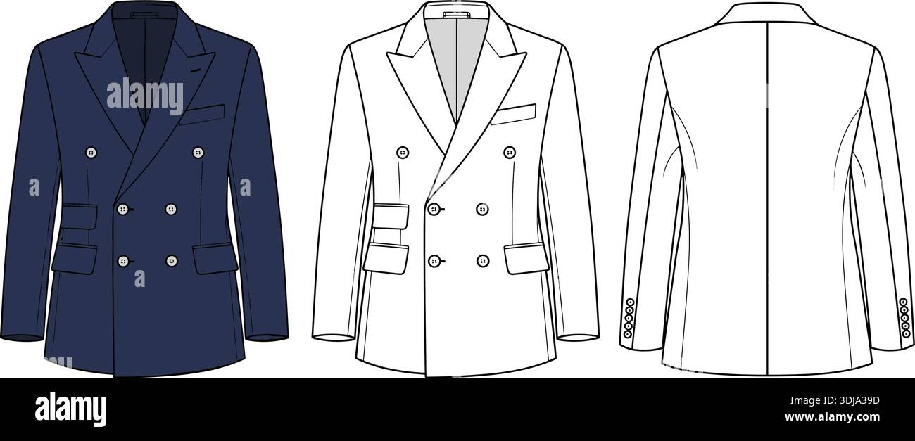 Doppelreihige Männer Anzug Jacke Technical Sketch Flat Vector Illustration Set Stock Vektor