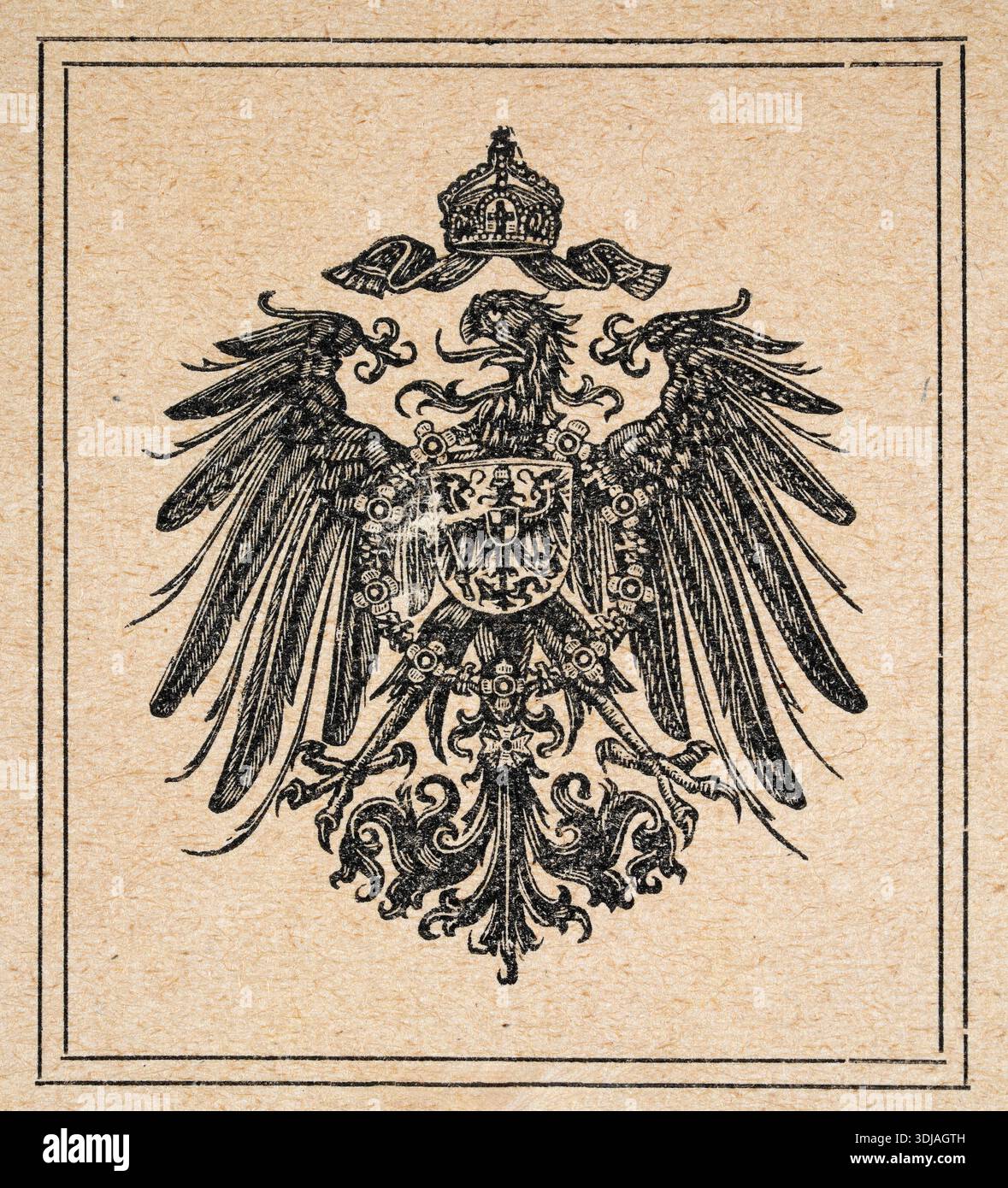 Heraldik, deutscher Kaiseradler mit Krone, auf grobem Papierhintergrund, 19. Jahrhundert Stockfoto
