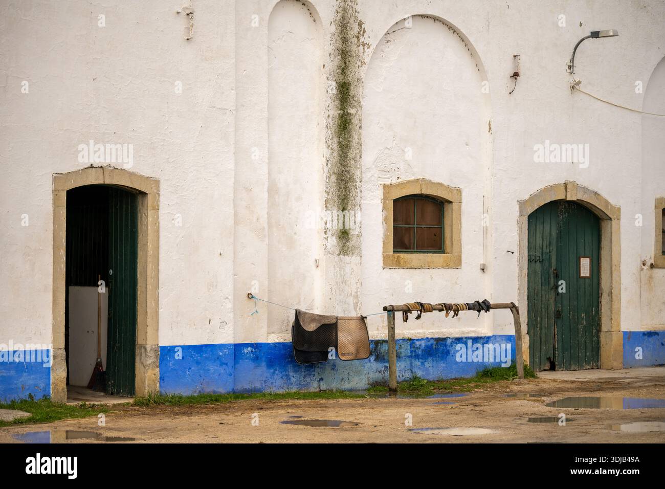 Barroca de Alva Lissabon Portugal 19. November 2025. Weiß getünchte Stallfassade mit grünen Türen, hängender Pferdepfanne und Pfützen auf dem Boden. Stockfoto