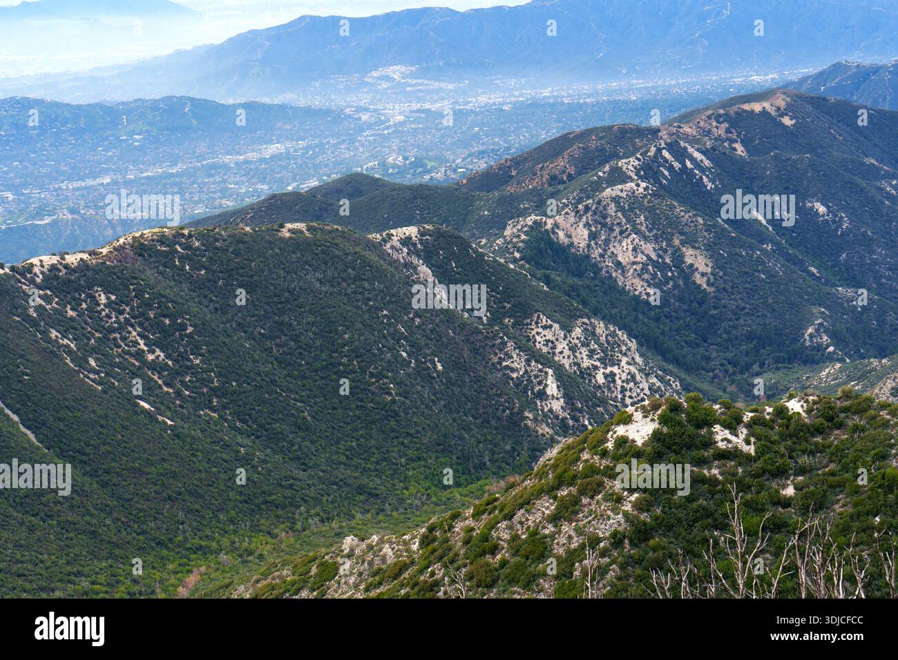 Blick auf die üppigen, grünen, mit Kaparral bedeckten Hänge und felsigen Bergrücken der San Gabriel Mountains, mit einem trüben städtischen Tal, das in der Ferne sichtbar ist. Stockfoto