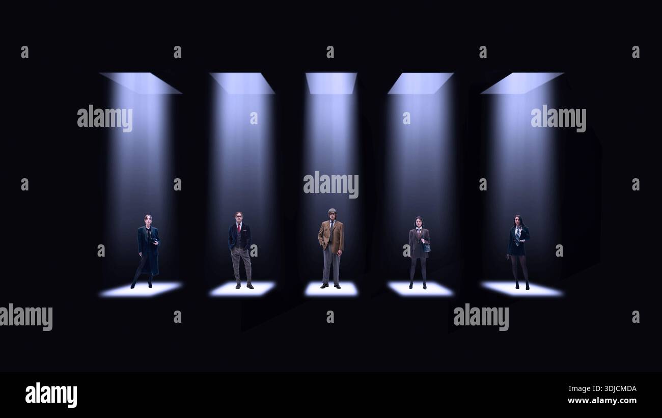 Filmisches Poster mit Profis, die unter individuellen Scheinwerfern stehen Stockfoto