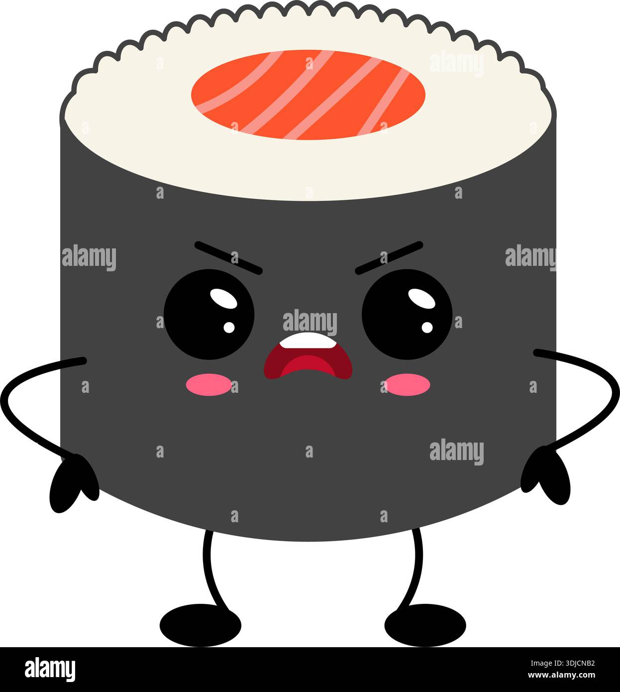 Wütende Sushi-Rolle Maskottchen mit niedlichem Gesicht, flache Vektor-Illustration isoliert auf weiß für japanische Essensaufkleber und Menü. Stock Vektor