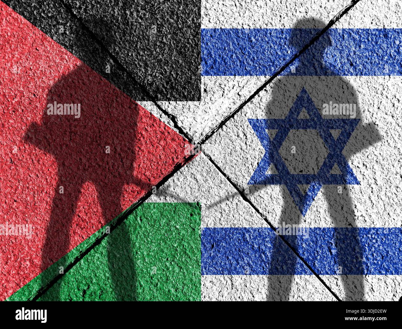 Die israelische und die palästinensische Flagge sind beide aus Knistern gefertigt. Konzeptbild des Konflikts zwischen Palästina und Israel. Hologramm mit doppelter Belichtung Stockfoto