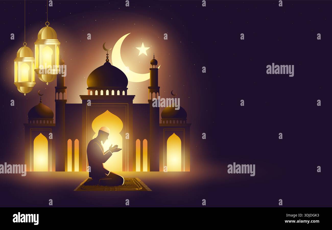 Elegante islamische Illustration, die Glauben, Hingabe, Ramadan, Eid und spirituelle Reflexion symbolisiert. Ideal für Ramadan-Grüße, Eid Mubarak Designs, IS Stock Vektor