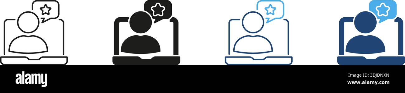 Person In Laptop Line Und Solid Symbolsatz. Online-Review, Feedback und Benutzerbewertung – Übersicht und Silhouette Symbol Collection. Kundenzufriedenheit Stock Vektor