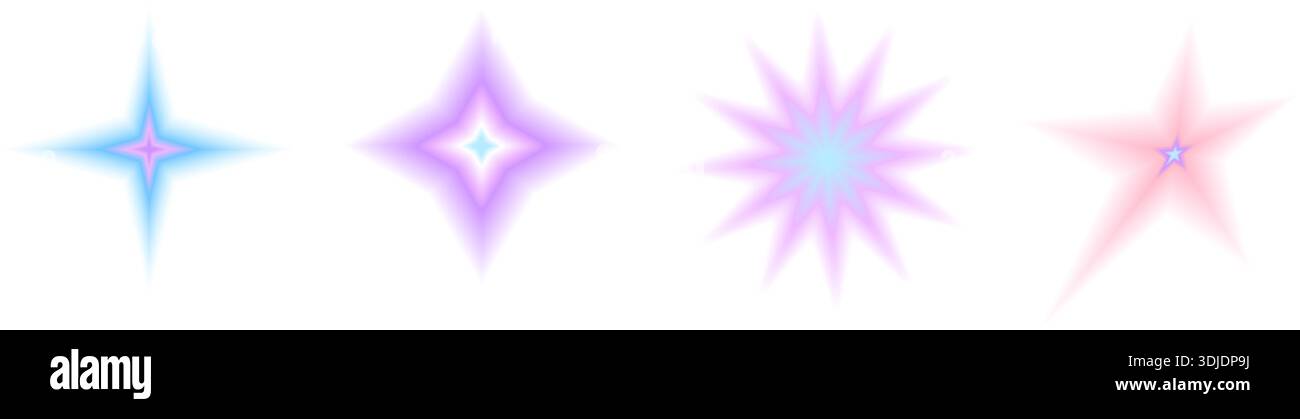 Sternverlauf y2k Symbolfiguren. Durch die unscharfe Aura-Abstufung entstehen Formen. Blinkt pastellfarbene transparente Formulare. Vektormischung glatt gelöstes Starburst el Stock Vektor