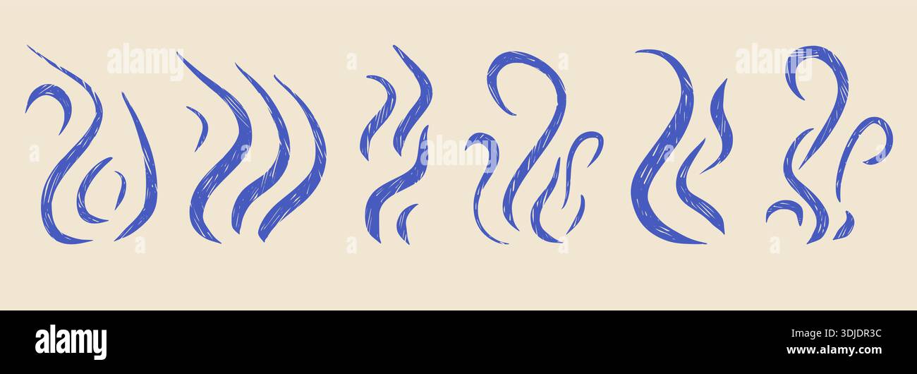 Buntstift Wind, Rauch Symbol Set. Handgezeichnete Dampfwellen und Aromalinie, perfekt für die Illustration von Kaffee, Kochen und warmen Speisen. Absaugung von Rauch, Flamme oder c Stock Vektor