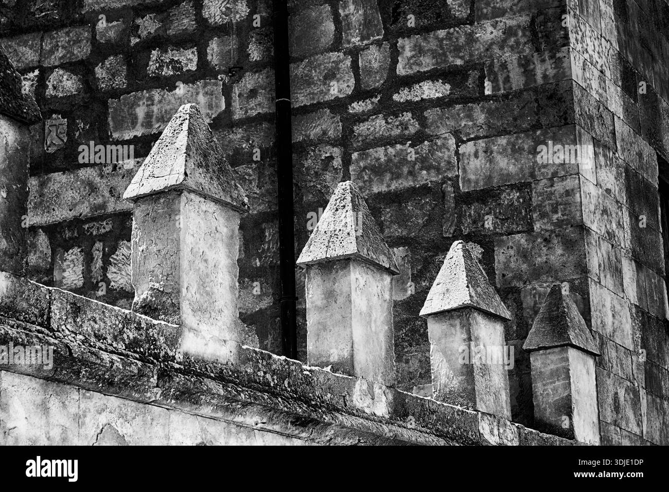 Ein kleines Detail einer Mauer in Salamanca mit Kontrast von Licht und Schatten ziert Steinelemente, die einem Zaun ähneln. In Schwarzweiß. Stockfoto