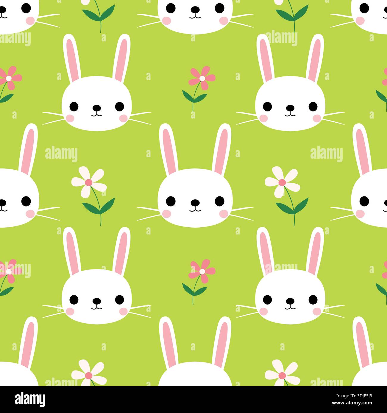 Niedliches nahtloses Muster mit Häschen und Blumen auf grünem Hintergrund für Ostern und Frühling, für Textil und Papier Stock Vektor