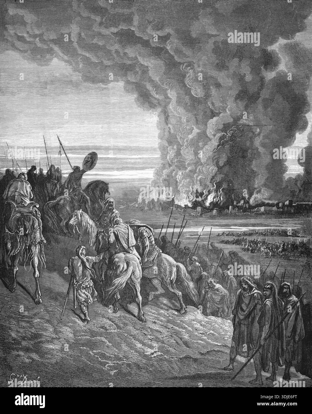 Zerstörung der Stadt Ai oder Hai, Buch Josua, Kapitel 8, Vers 20, Bibel, altes Testament, Geschichte, Feuer, Flammen, Rauch, Exodus, Flucht, Vertreibung, Stockfoto