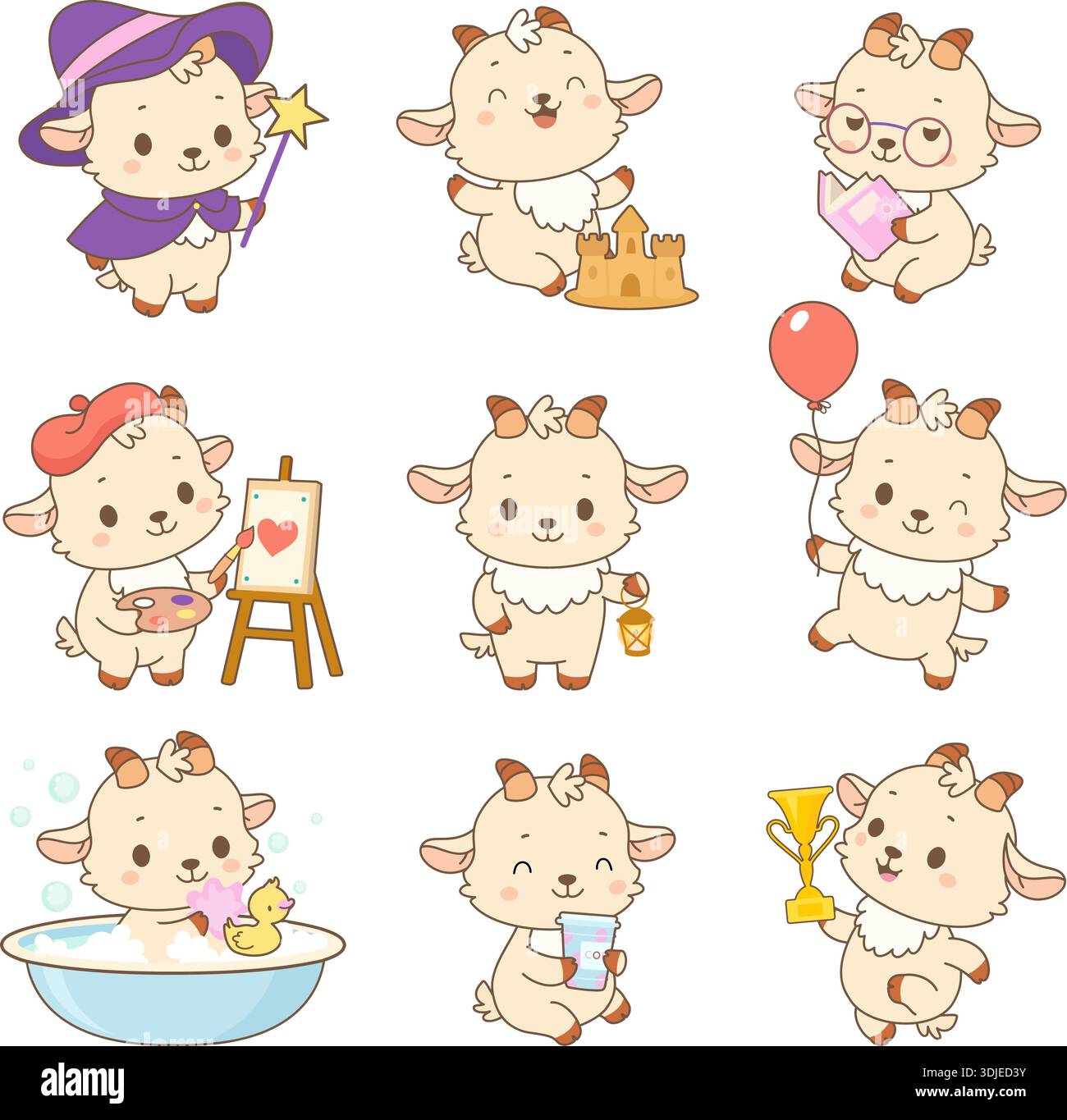 Kawaii-Ziegen in Zeichentrickfilm. Lustige Ziege in verschiedenen Posen. Zeichentricktiere zeichnen, lesen, waschen und trinken. Süße Kindermaskottchen, heute Vektor-Set Stock Vektor