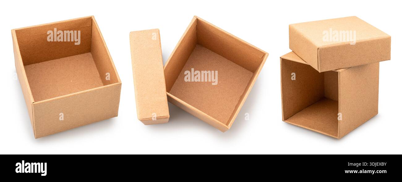 Drei offene leere Kartonschachteln aus verschiedenen Blickwinkeln isoliert auf weißem Hintergrund. Datei enthält Beschneidungspfade. Stockfoto