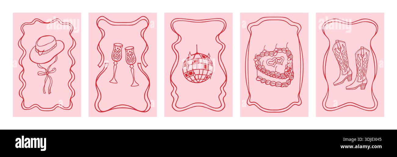 Handgezeichnete skurrile vertikale Grußkarten-Vorlagen mit verspielten Doodle-Elementen. Elegante Rahmen mit Schleifen und Bändern, westlicher Cowboy-Coquette-Charme, trendiger, feierlicher Skizzenstil Stock Vektor