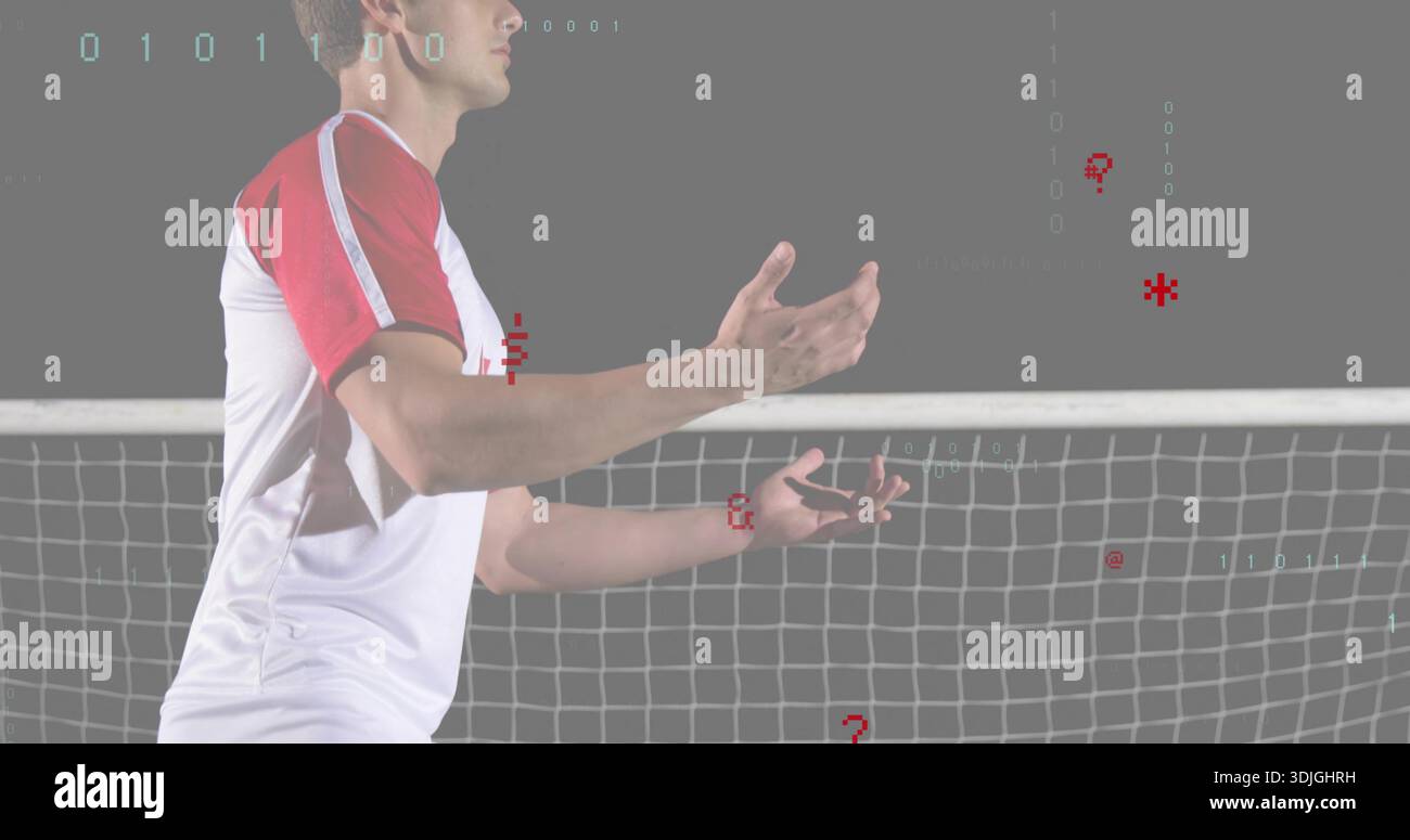 Stehender Athlet in weiß-rotem Jersey, der die Arme für das Fitnessstudio ausreicht, mit Sportnetz und Pixeln Stockfoto