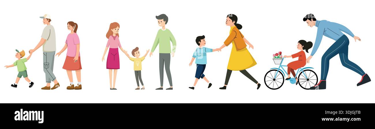 Eine Gruppe verschiedener Familien, die zusammen spazieren gehen und Fahrrad fahren. Stock Vektor