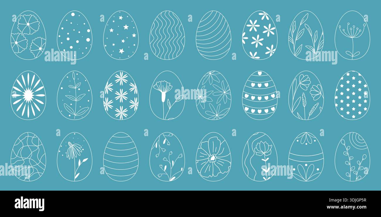 Große Ostereier. Eier mit Blumen, Kräutern, Herzen, Sternen, Punkten und Linien verziert. Weiße Umrissdarstellungen von Ellipsen Stock Vektor