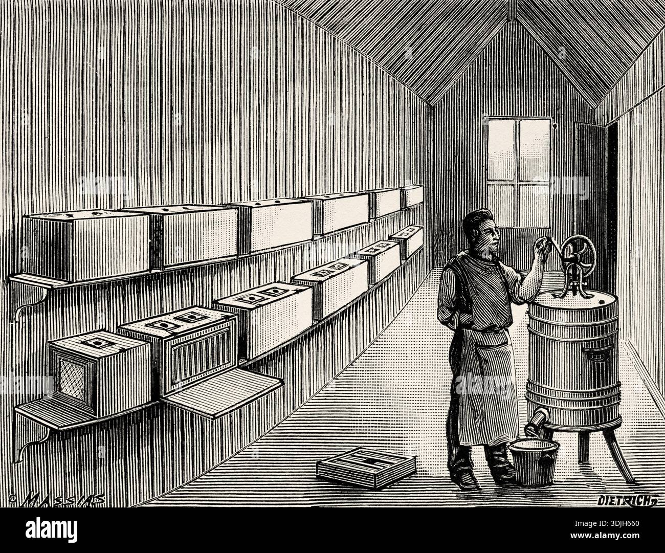 Neue Methoden der Imkerei 1893. Das Innere des Bienenhauses. — Zwei Reihen von Bienenstöcken, von denen eine offen ist, so dass durch ein Fenster auf die Rahmen, in denen die Bienen untergebracht sind, zugegriffen werden kann. — Rechts ein Zentrifugalextraktor. Alte gravierte Illustration aus dem 19. Jahrhundert aus La Nature 1893 Stockfoto