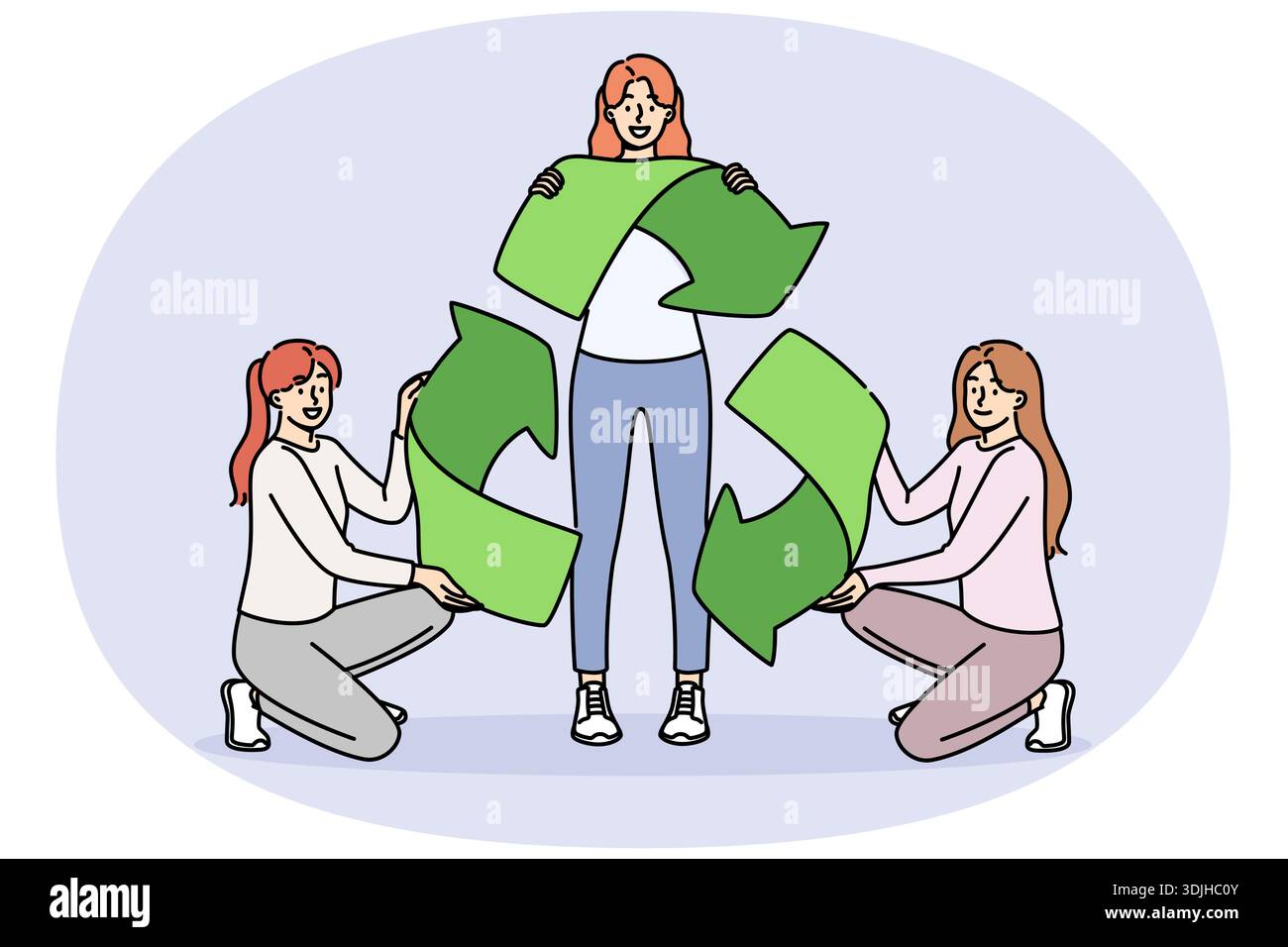 Zeichen des Recyclings in den Händen von Öko-Aktivistinnen, die sich für die nachhaltige Entwicklung der Umwelt einsetzen. Symbol für das Recycling von Materialien zur Verringerung der CO2-Emissionen. Stock Vektor