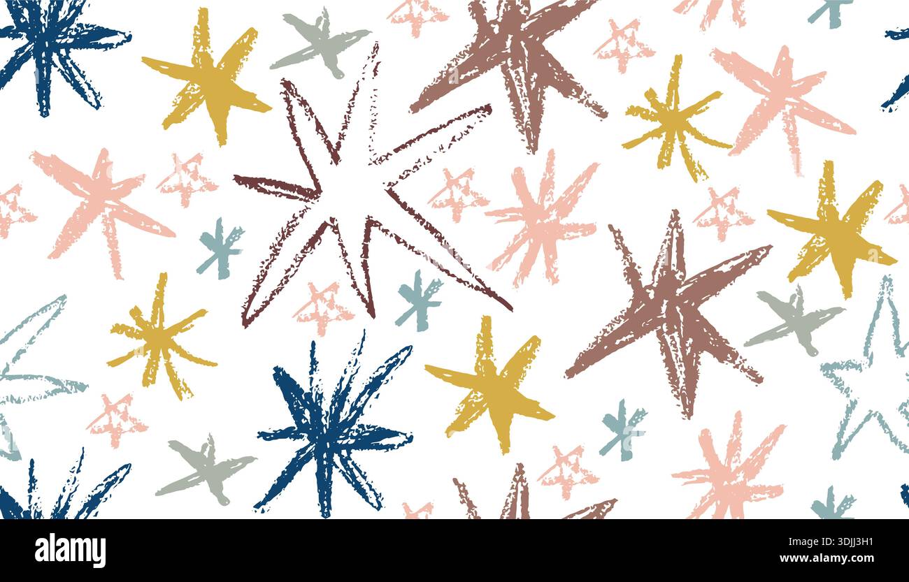 Ein nahtloses Muster handgezeichneter Sternformen mit Buntstift-Textur. Die abstrakte, farbenfrohe Illustration in Ölpastellfarben ist ein unterhaltsamer Hintergrund für Kinder. Stock Vektor