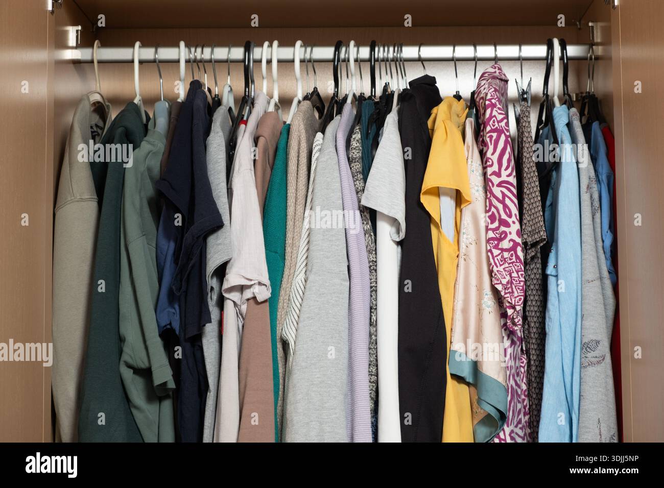 Kleiderschrank mit Kleidung auf Kleiderbügeln, organisierter Kleiderständer im Holzschrank. Stockfoto