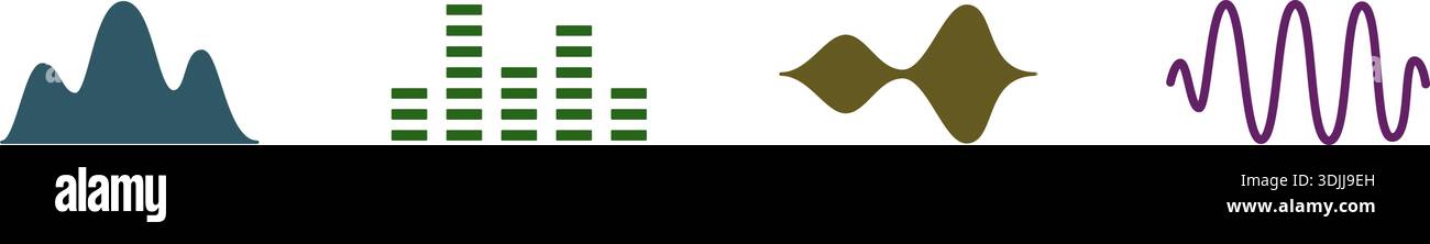Bunte Symbole für Schallwellen und Equalizer. Minimaler Vektorsatz von Frequenz- und Wellenformabbildungen Stock Vektor