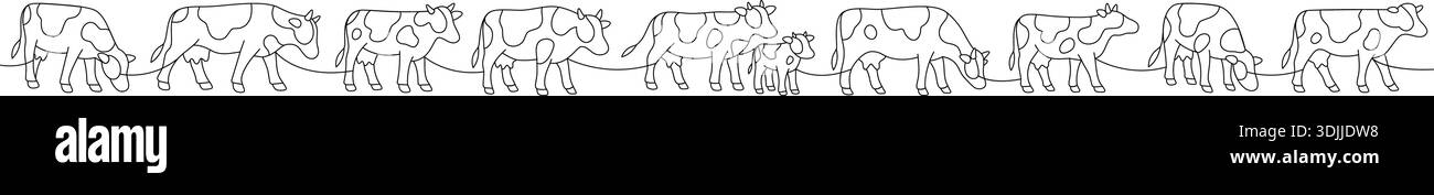 Volle Kuhherde in Folge. Kontinuierliche Darstellung des ländlichen Landlebens Stock Vektor