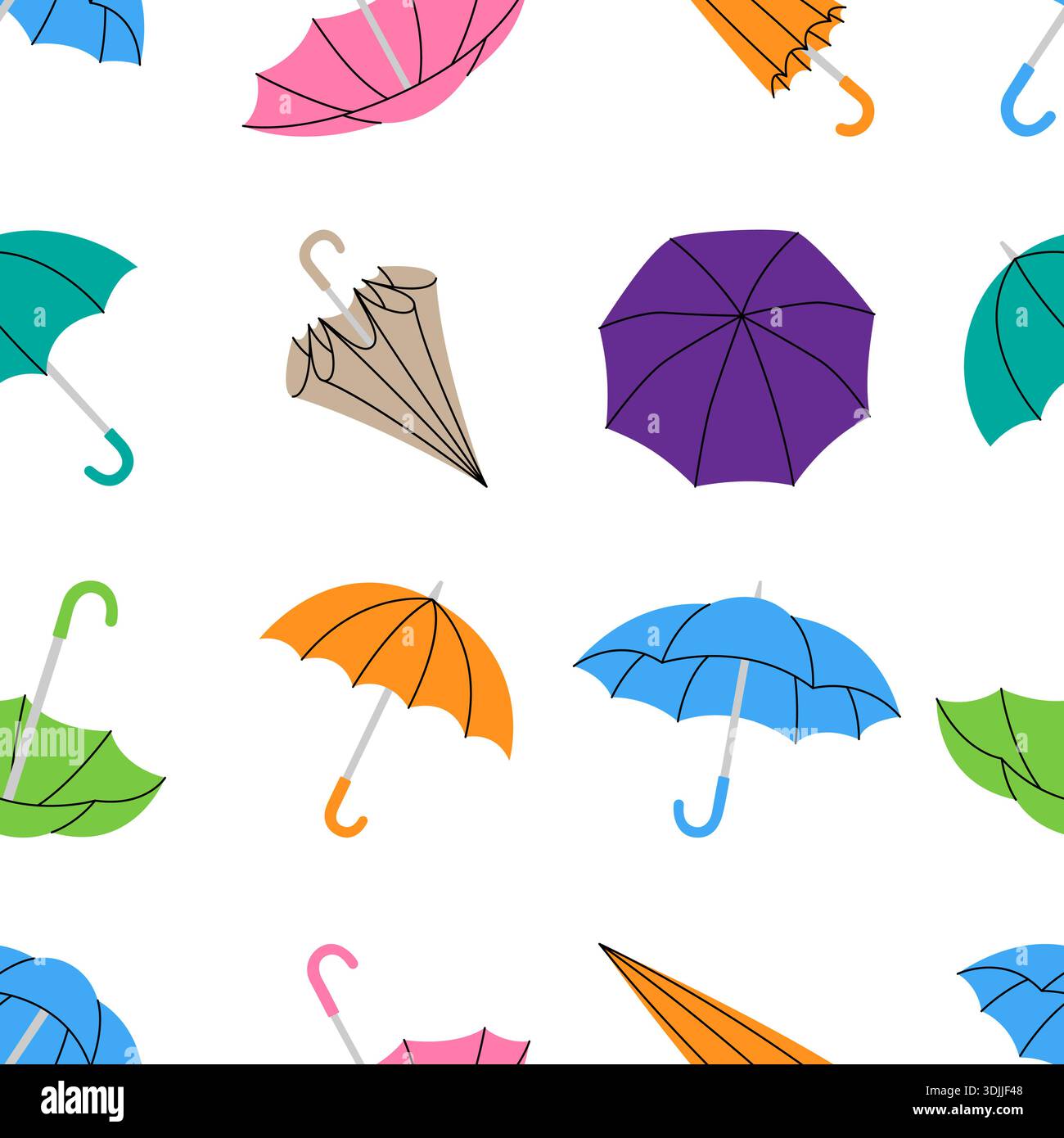 Regenschirmmuster, nahtloses Vektor-Design von bunten Regenschirmen, die für Verpackung, Textil und kreative Dekoration angeordnet sind Stock Vektor