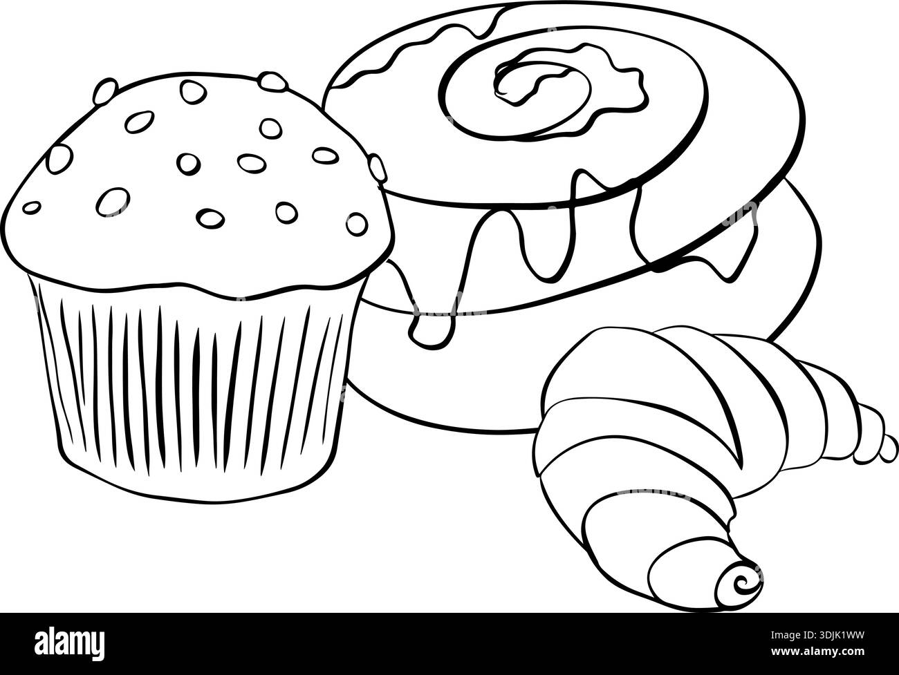 Bäckereiaufkleber im Retro-Cartoon-Stil. Muffin, Zimt, Croissant frisch gebackene Sammlung Doodle Illustration Komposition Hand gezeichnete Illustration. Stock Vektor