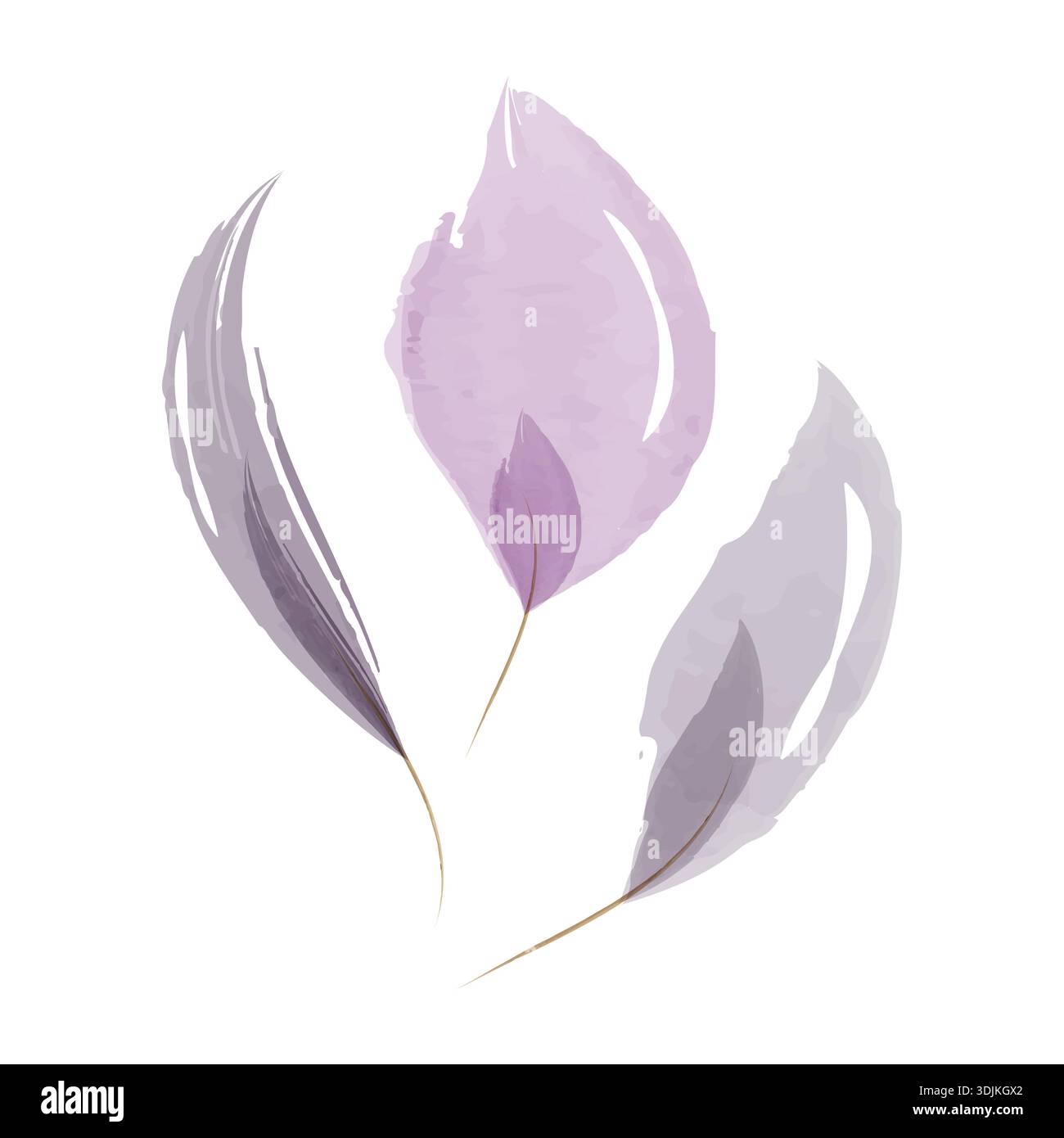 Drei zarte Aquarellblätter in violetten und grauen Tönen sind auf einem sauberen weißen Hintergrund dargestellt. Jedes Blatt hat einen weichen, lichtdurchlässigen künstlerischen Effekt, der auf ein sanftes botanisches Element hindeutet. Stock Vektor