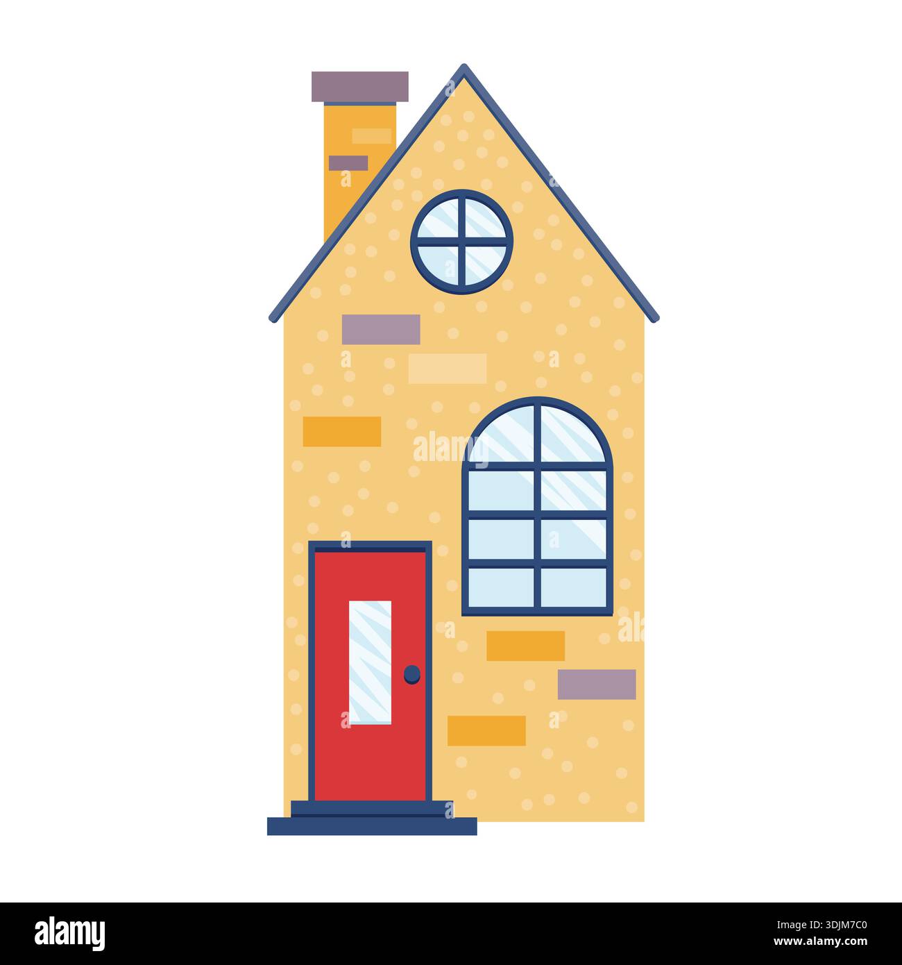 Vektor-Illustration eines gemütlichen gelben Familienhauses mit einer roten Haustür. Außenkunstwerke für Wohnhäuser, perfekt für Immobilienkonzepte Stock Vektor