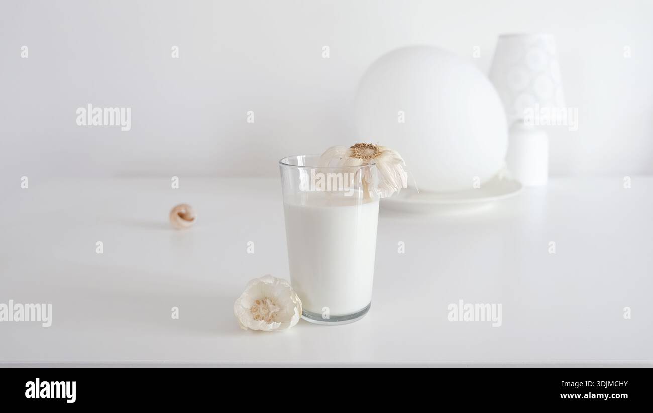 Minimales weißes Stillleben mit einem Glas Milch und Knoblauch auf dem Tisch, trübe weiße Zusammensetzung Stockfoto