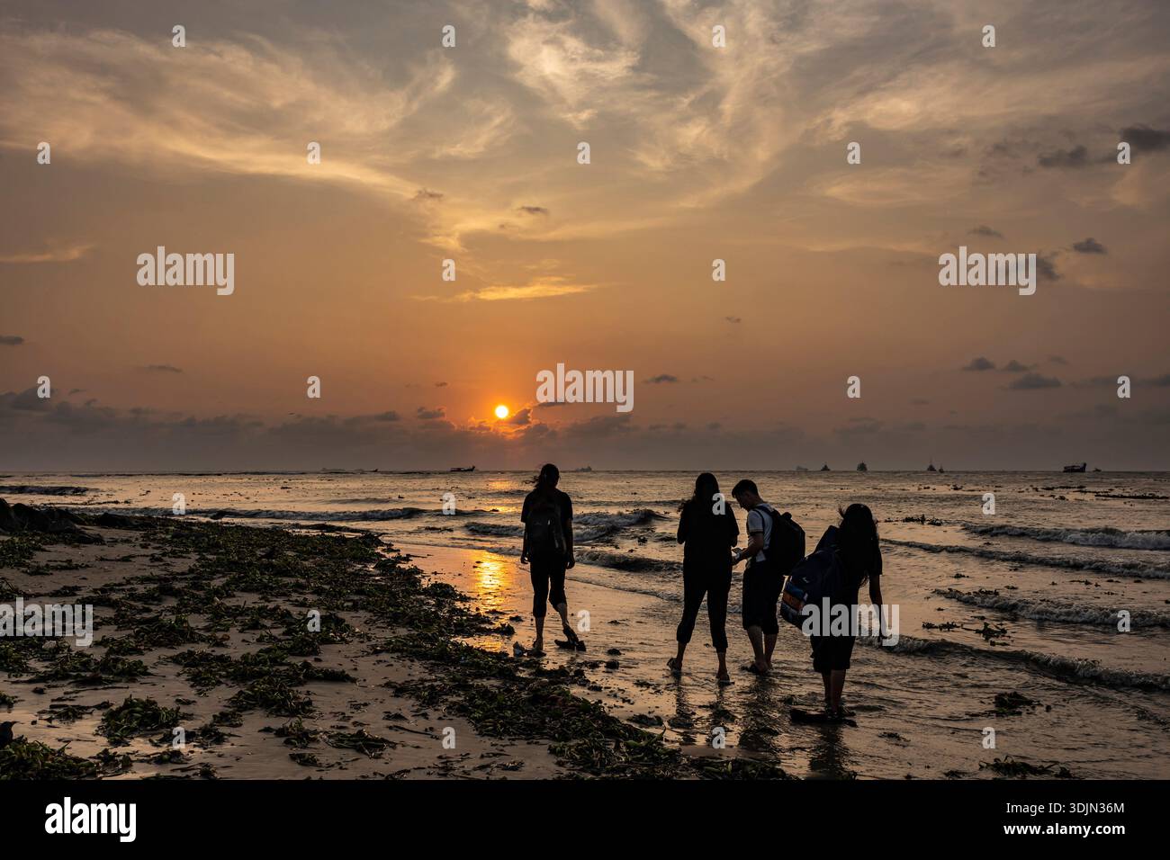 Sonnenuntergang am Mahatma Gandhi Beach, Mündung des Vembanad Lake, Arabisches Meer, Fort Kochi, Kochi (Cochin), Kerala, Indien, Südasien, Asien Stockfoto