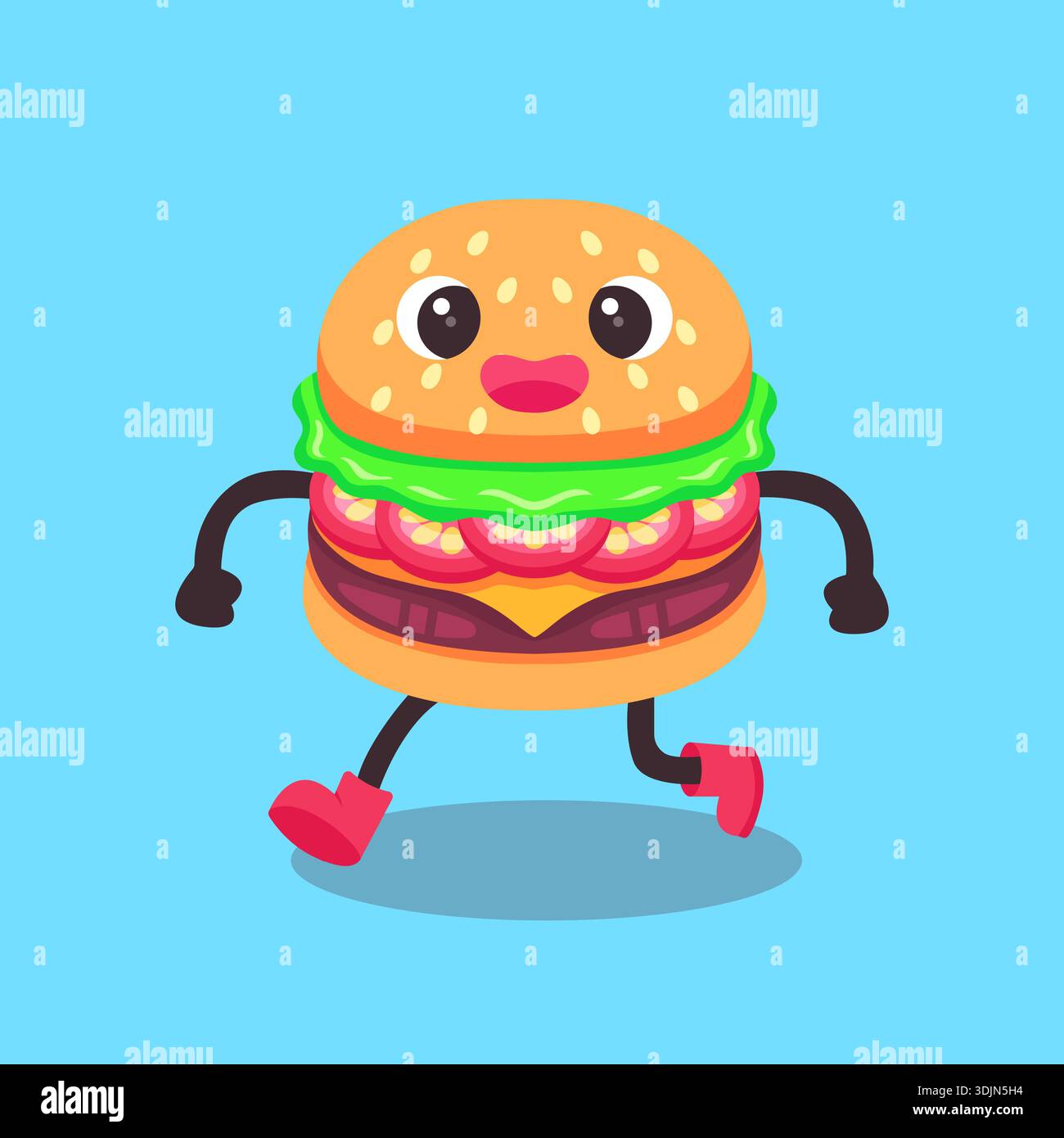 Netter Laufender Burger Charakter Flache Vektor-Illustration Stock Vektor