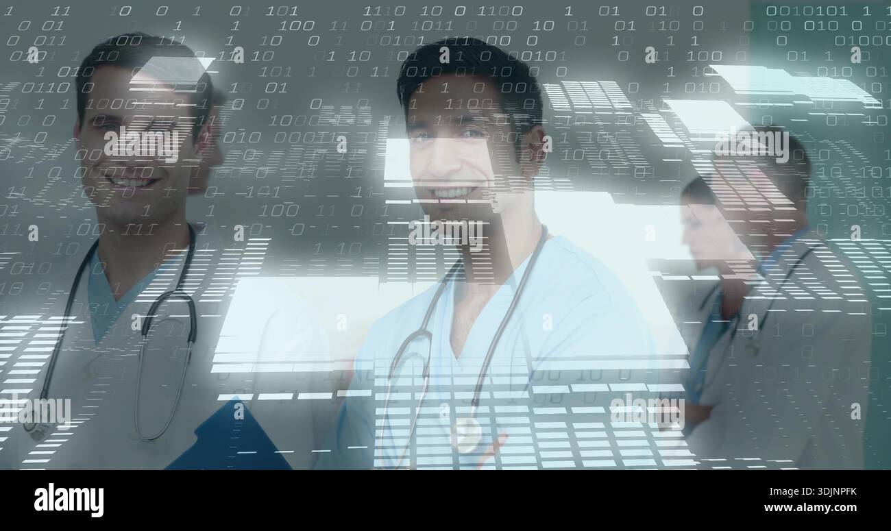 Lächelnder Arzt trägt blaue Peelings, führendes Team in der Klinik, mit Stethoskop-blauer Datenüberlagerung Stockfoto