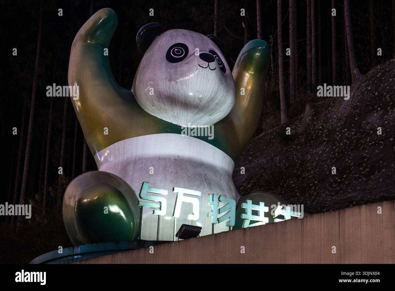 Am Rande der Stadt Wawushan in Sichuan, China, leuchtet nachts eine riesige Pandabatue auf. Stockfoto