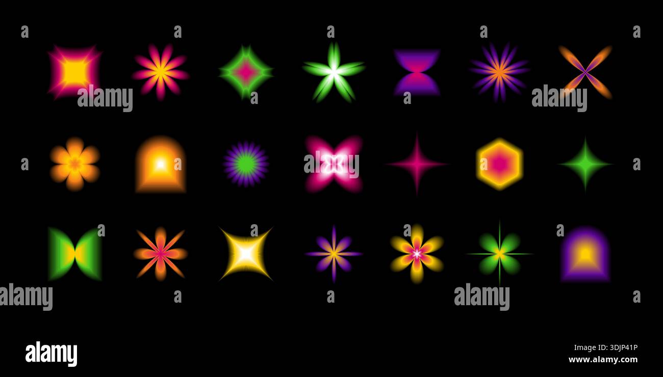 Moderne abstrakte Formen im Neo-Brutalismus-Stil. Trendige geometrische Figuren, Aura-Sterne, Blumen mit verschwommenem Effekt, y2k-Gradientenschablone Stock Vektor